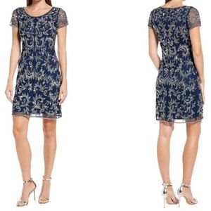 PISARRO NIGHTS Navy Beaded Mesh Cocktail Dress Size 14 NWT Flaw D-2309 - 0014